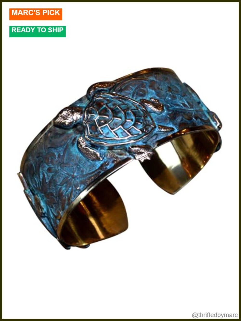 Verdigris Patina Solid Brass Sea Turtle Cuff Bracelet Handmade USA Wearable Art